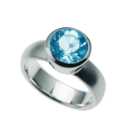 Ring si blue topaz 8 mm round fac