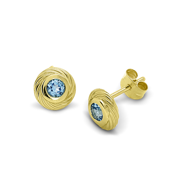 Stud earrings Waves 585 gold blue topaz 3 mm fac