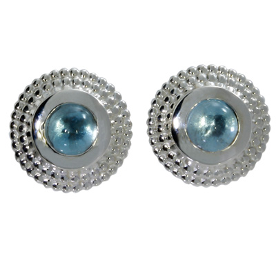 Stud earrings silver dots blue topaz 5 mm cab