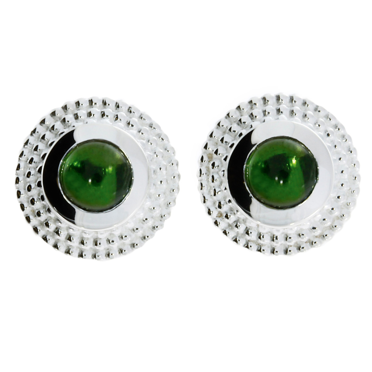 Stud earrings silver dots green tourmaline 5 mm cab