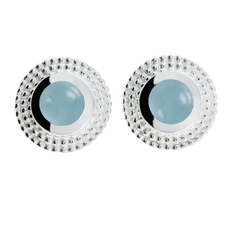 Stud earrings silver dots aquamarine 5 mm cab