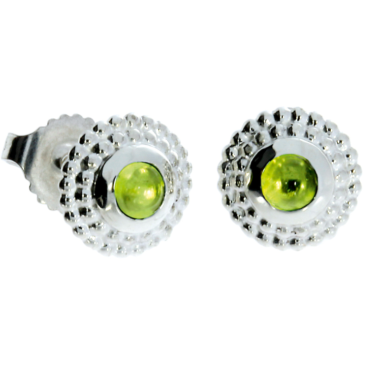 Stud earrings silver dots 8 mm peridot 3 mm cab