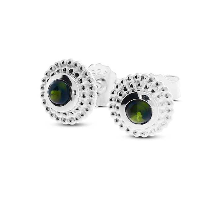 Stud earrings silver dots 8 mm green tourmaline 3 mm cab