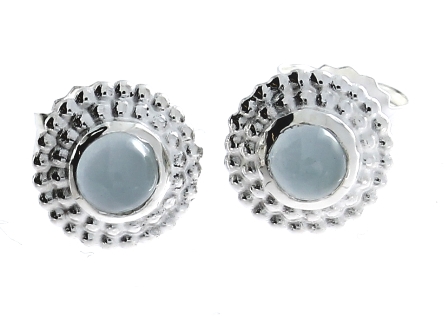 Stud earrings silver dots 8 mm with aquamarine 3 mm cab