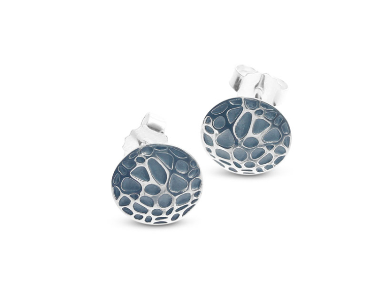 Stud earrings Voronoi round 9mm silver oxidised