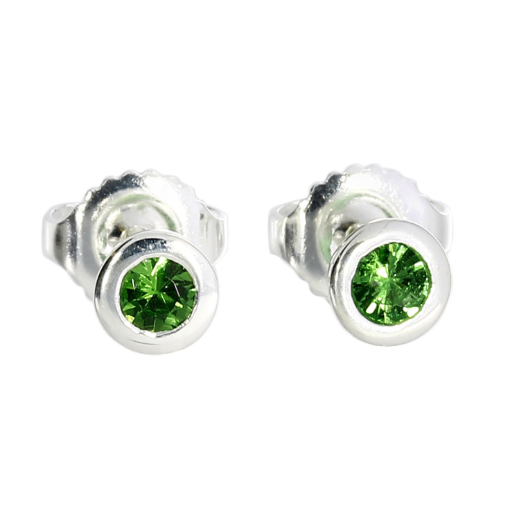 Stud earrings silver tsavorite 3 mm round fac