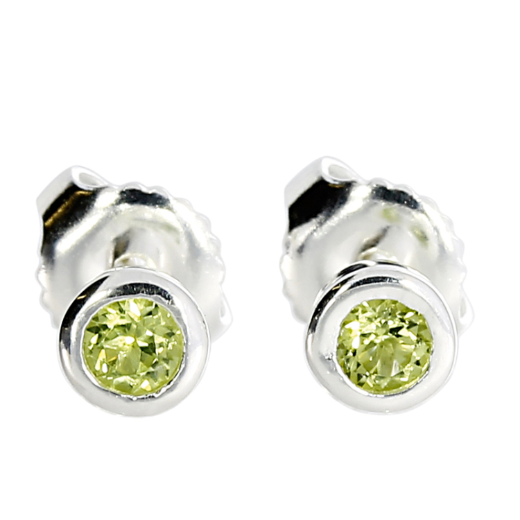 Stud earrings silver peridot 3 mm round fac