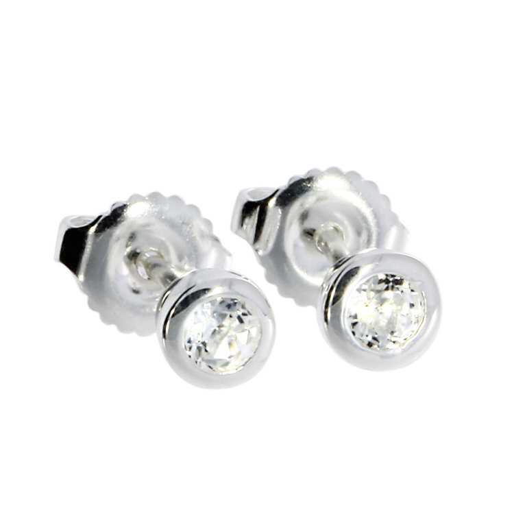 Stud earrings silver white topaz 3 mm round fac