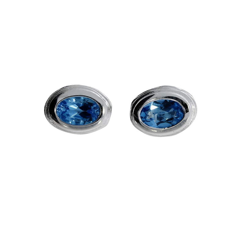 Stud earrings silver crease blue topaz swiss 6 x 4 mm oval fac