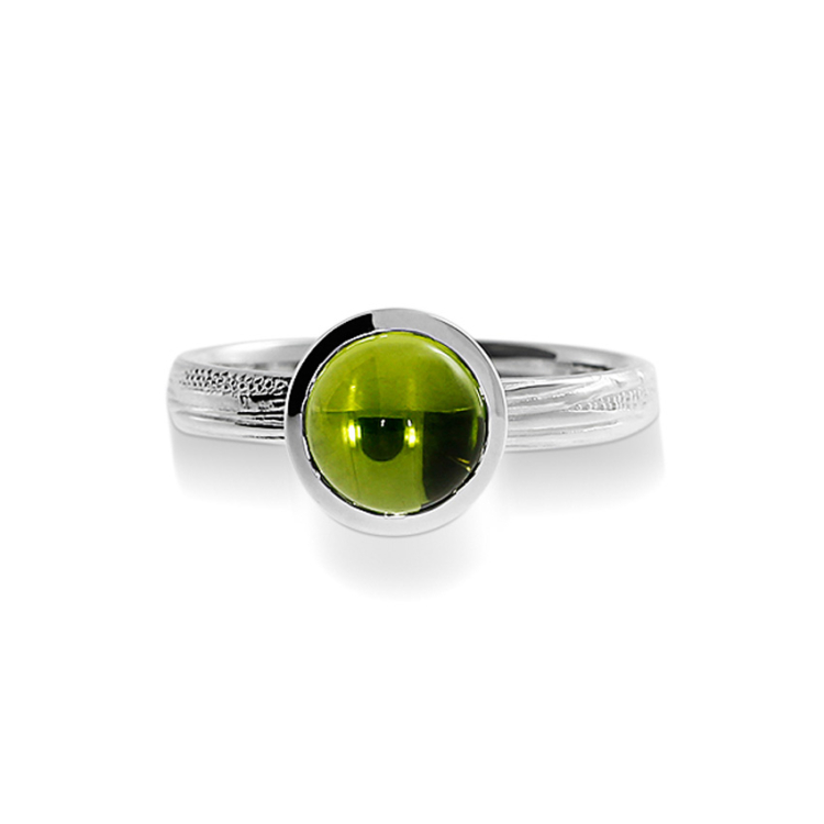 Ring silver beach cores peridot 7 mm round cab