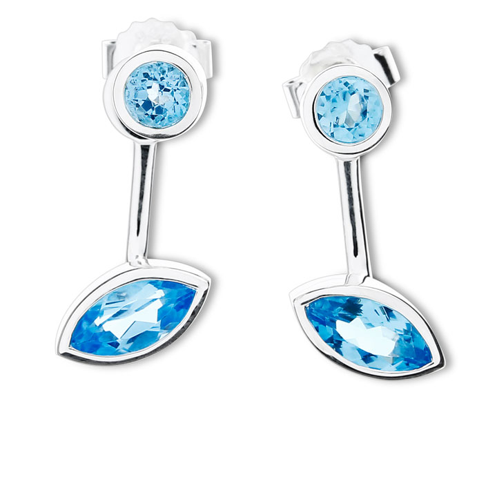 Stud earrings silver blue topaz 8x4 nav / 4 mm round fac