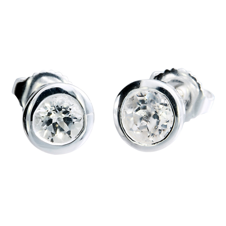 Stud earrings silver white topaz round 5 mm fac