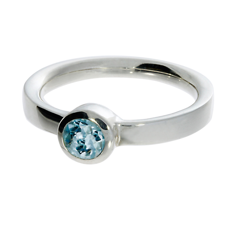 Ring si blue topaz 5 mm round fac