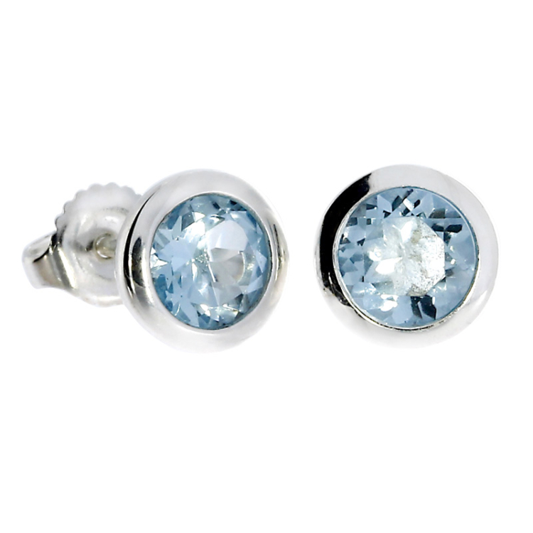 Stud earrings blue topaz 6 mm round fac.