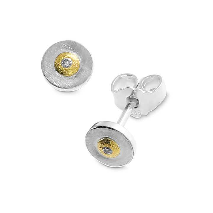 Stud earrings silver with fine gold Diamond 0.02 ct TWSi