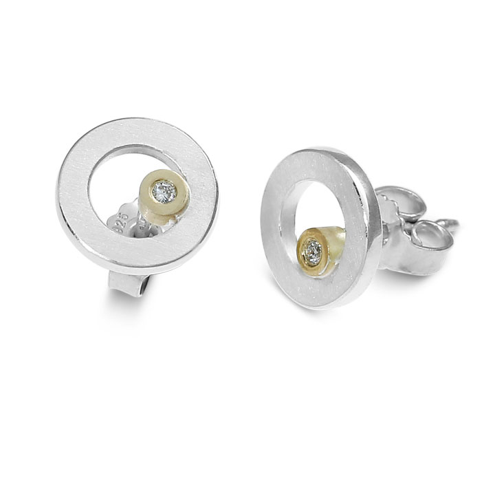 Stud earrings silver with fine gold Diamond 0.02 ct TWSi