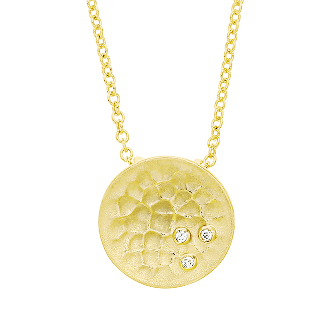 Anhänger 585 Gelbgold Hammerschlag rund 13 mm mit 3 Diamanten 0,01 ct (1,1mm)