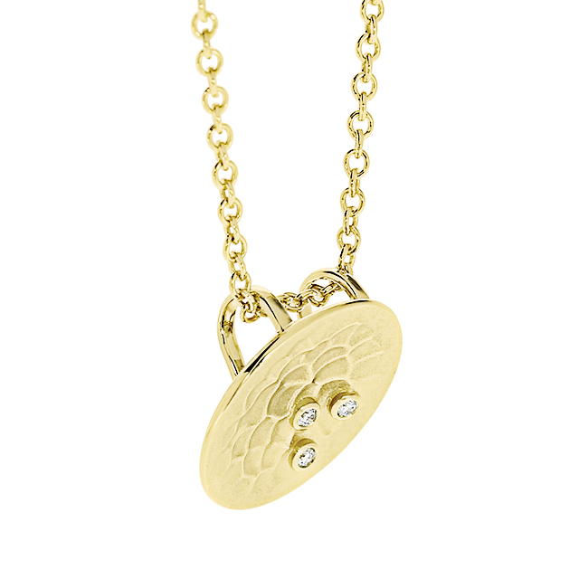 Anhänger 585 Gelbgold Hammerschlag rund 13 mm mit 3 Diamanten 0,01 ct (1,1mm)