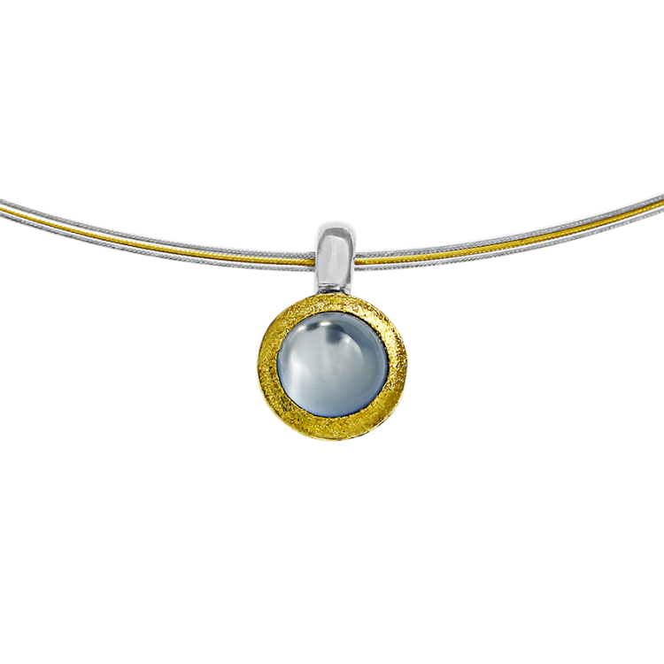 Pendant silver with fine gold moonstone 8 mm round cab with bicolour choker