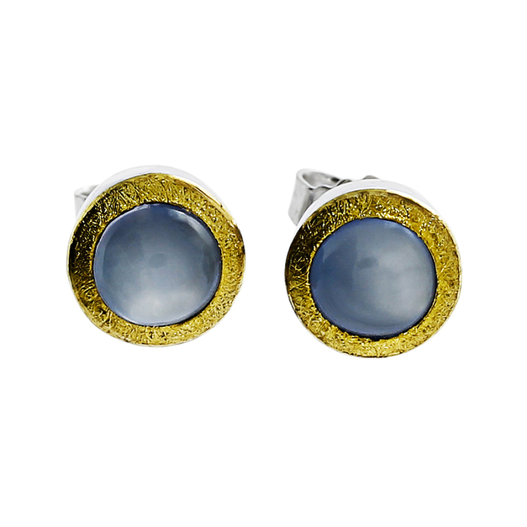 Stud earrings silver with fine gold Moonstone 8 mm cab
