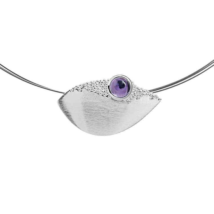 Pendant silver dots amethyst 7 mm round cab without stainless steel cable