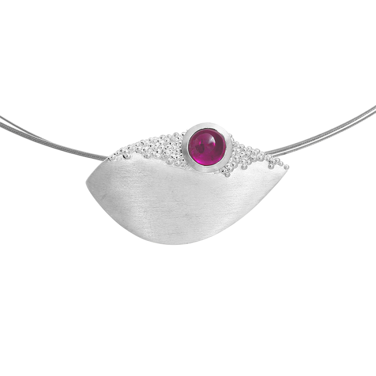 Pendant silver dots pink tourmaline 7 mm round cab without stainless steel cable