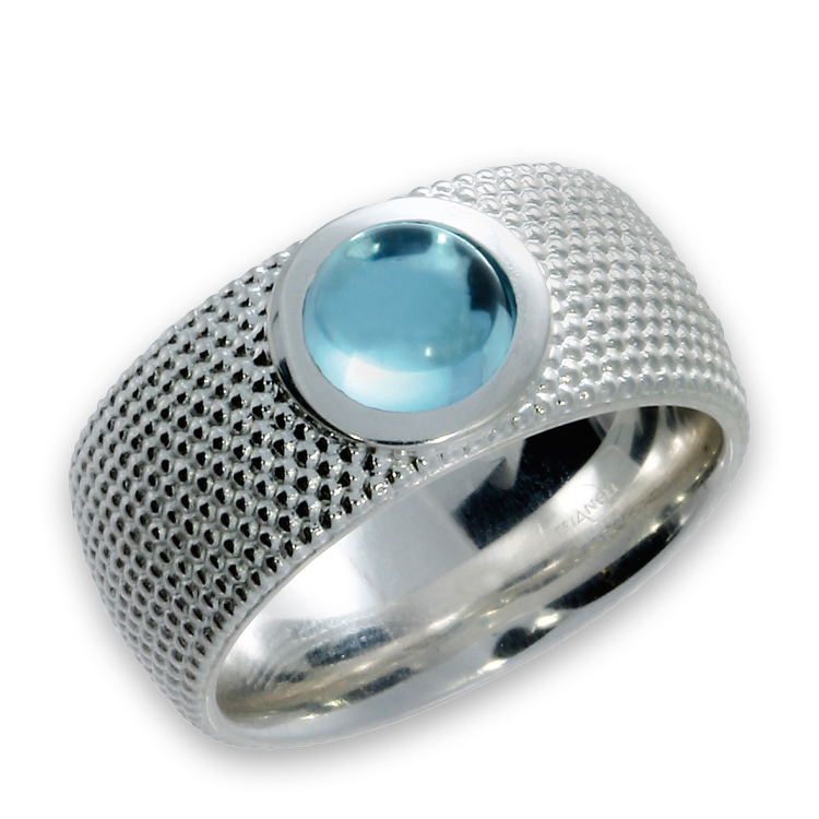 Ring Dots No1- silver blue topaz 7 mm round cab Ring size 52