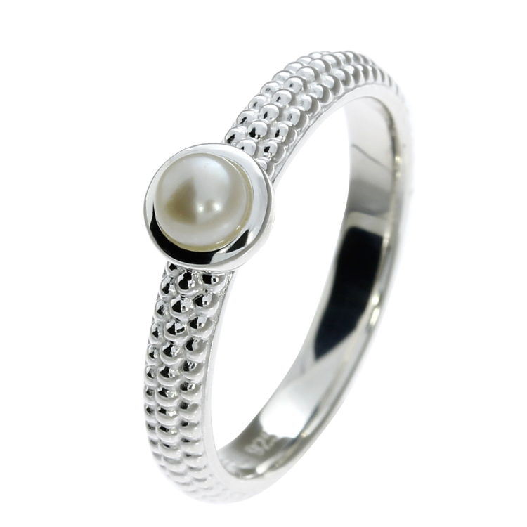 Ring Dots silver 3mm with pearl 4 mm round cab Ring size 52