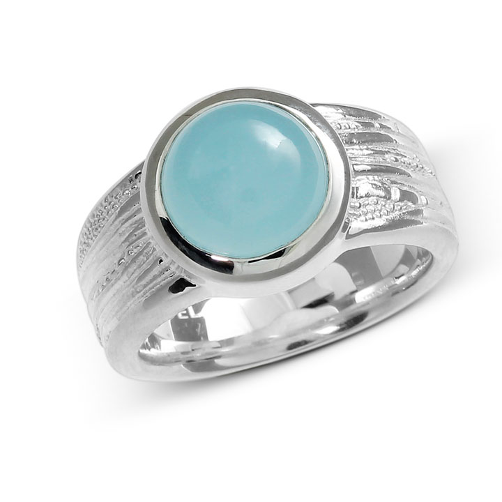 Ring Strandcores Silver Aquamarine 10 mm round cab Ring size 52