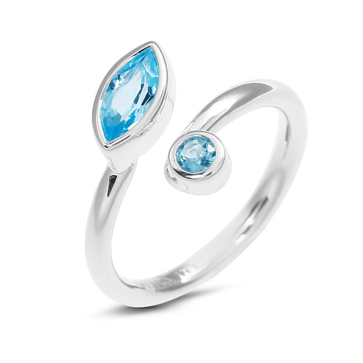 Ring silver swiss blue topaz 8x4 nav / 3mm round fac Ring size 54