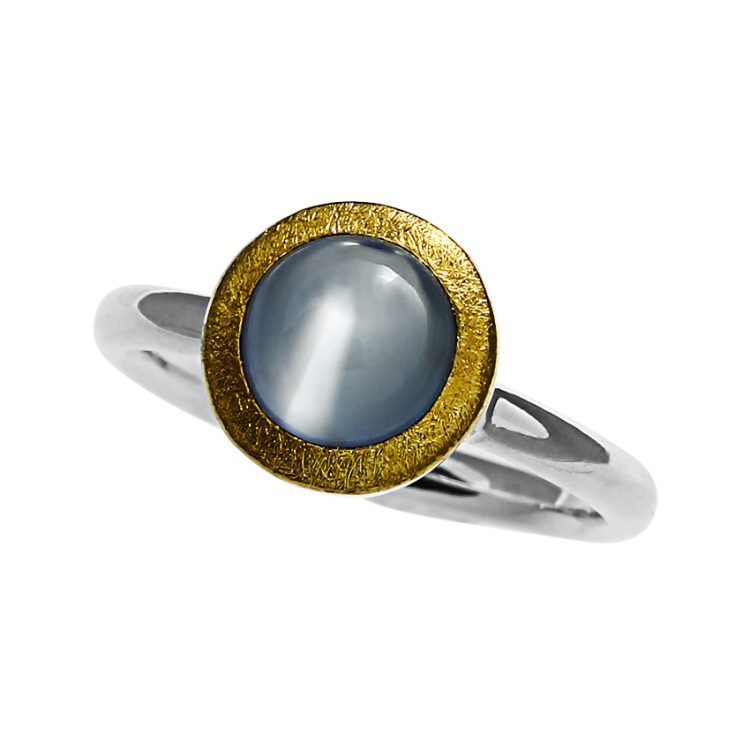 Ring silver with fine gold moonstone 8 mm round cab Ring size 58