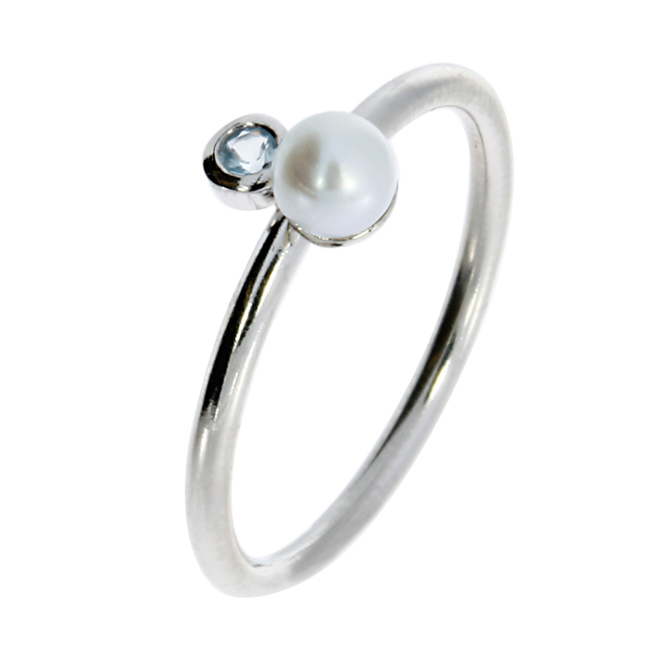 Ring silver-rhod. blue topaz withpearl  