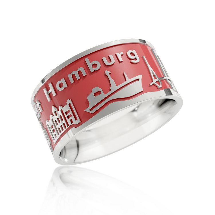 City Ring Hamburg Silver Enamel red Ring size 62