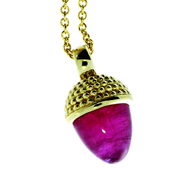 Pendant Dots Acorn 585 Gold Pink tourmaline cone 8 mm cab