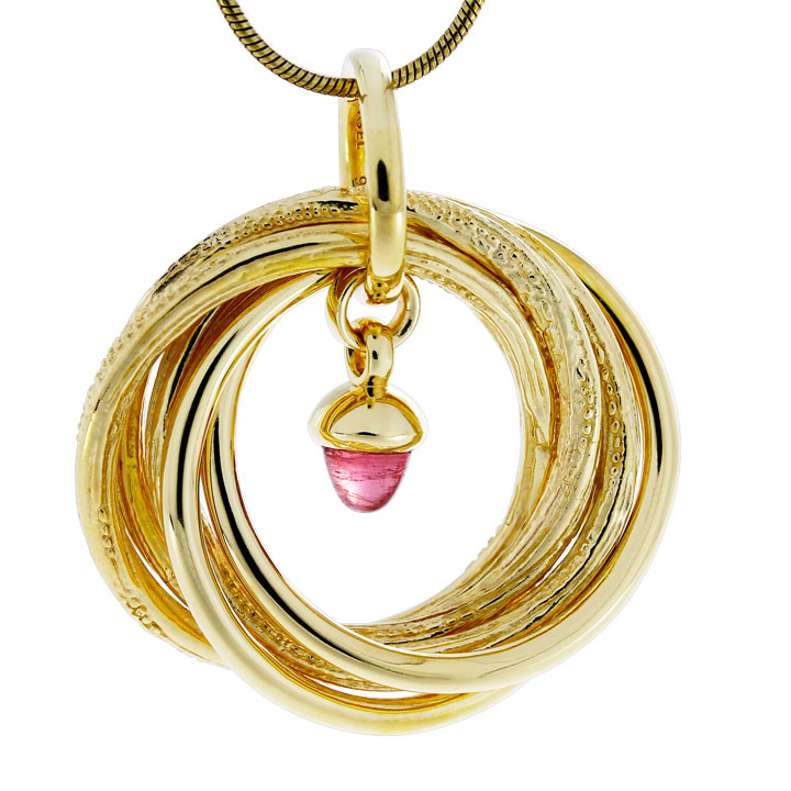 Pendant Strandcores silver gold plated  Tourmaline pink 5 mm cab, incl. chain 45 cm